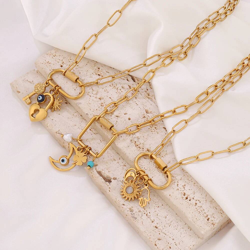 316 Stainless Steel Key Lock Fatima Charm Carabiner Clasp For Women Men Clover Moon Heart Pendant Necklace Jewelry Gift Jewelry for Women