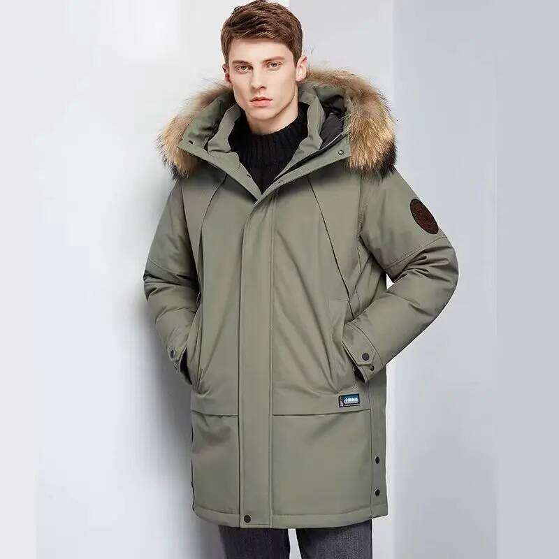 Men's Winter White Duck Down Jacket Warm Mid-Length Hooded Thick Business Plus Size Men Tooling Clothing