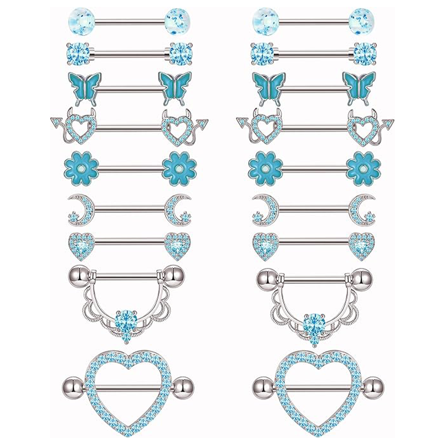 9 Pairs Nipple Rings Stainless Steel Heart Butterfly Moon Flower CZ Barbell Tongue Rings Set Cute Nipplerings Piercing Jewelry for Women Blue Tone