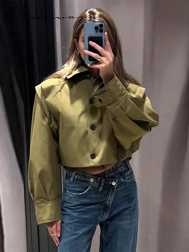 Street Button Jacket Women Baggy Lapel Single Breasted Long Sleeve Solid Crop Coat Female 2025 Spring Autumn Casual Lady Outwear 250805