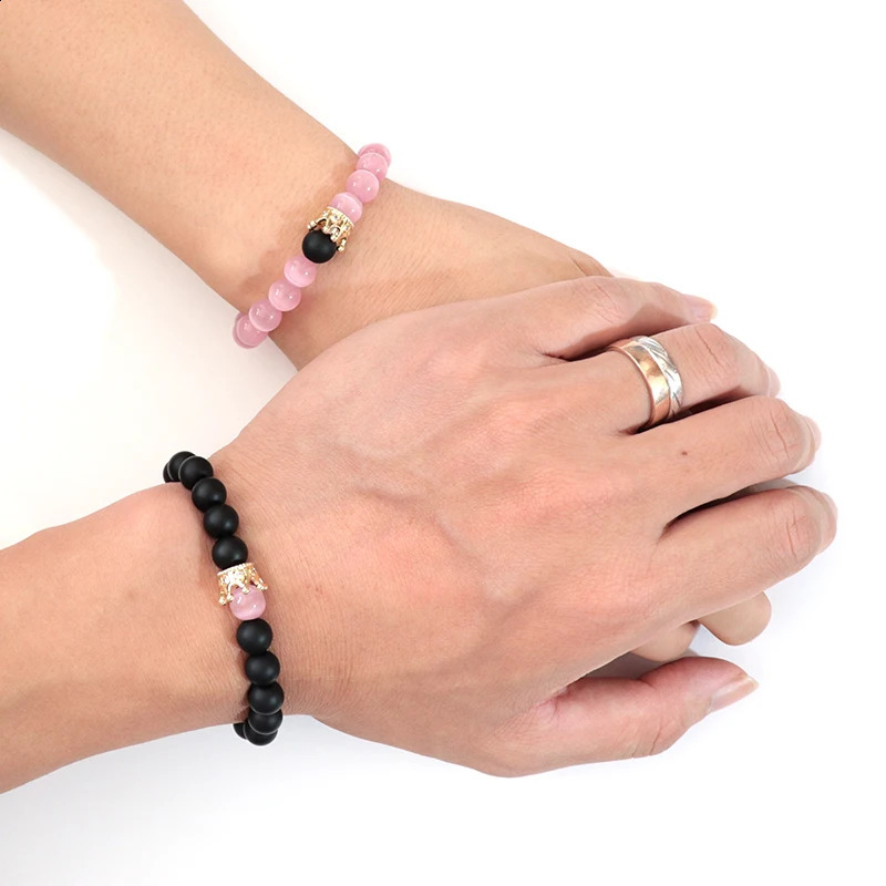 2Pair/Pcs Romantic Couple Bracelet Natural Cat Eye Frosted Stone Beaded Braclet Handmade Elastic Crown Matching Braslet Pulseras 250805