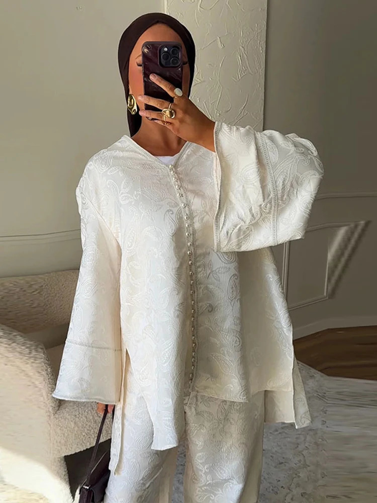 Womens Fashion Jacquard Top And Pant Set Loose Vneck Irregular Hem Wideleg Trouser Lady Chic Vintage Court Outfits 250811