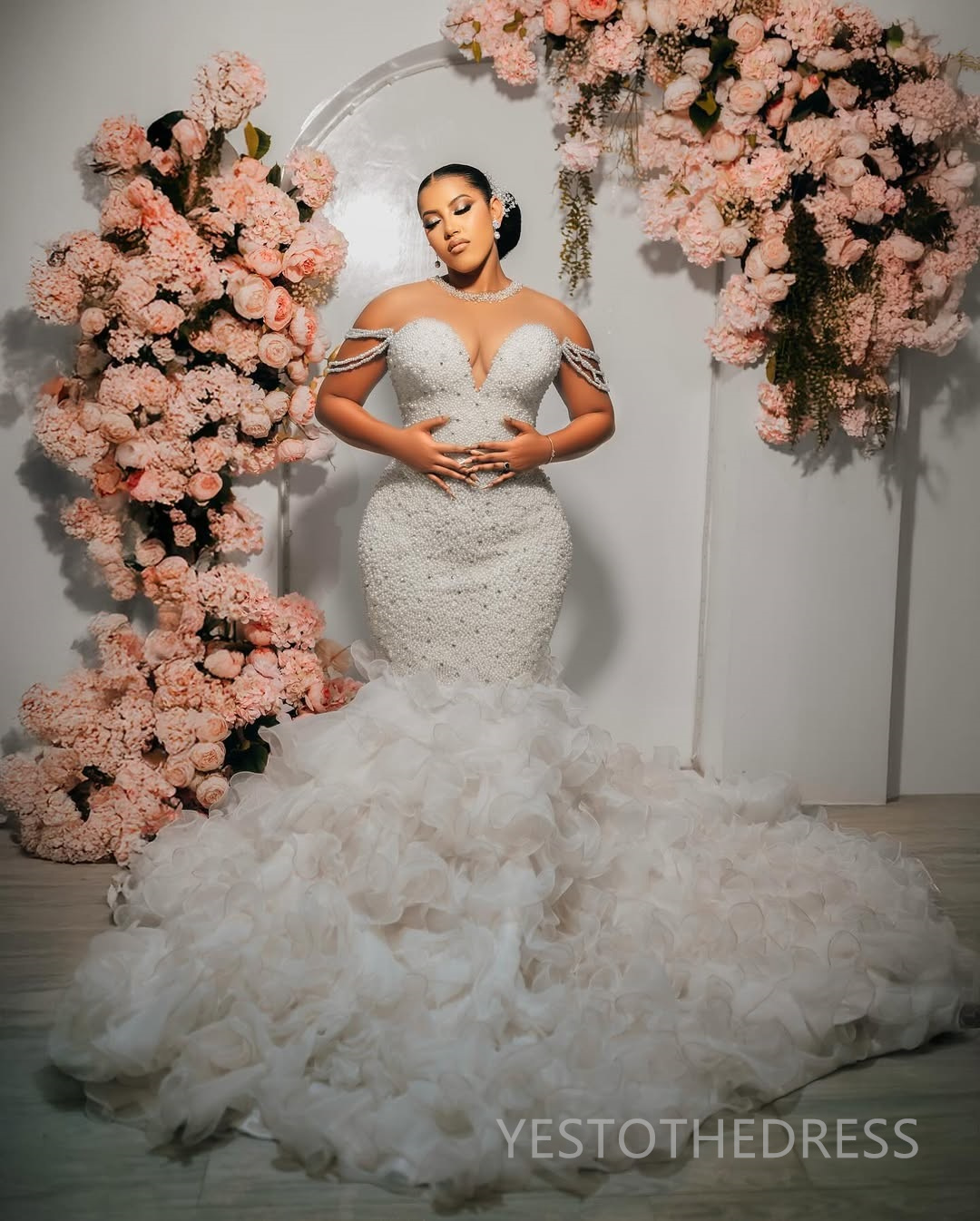 2025 Elegant African Wedding Dress Bridal Gowns For Bride Mermaid Sheer Neck Illusion Long Sleeves Beaded Lace Pearls Tiered Pleat Wedding Gowns For B