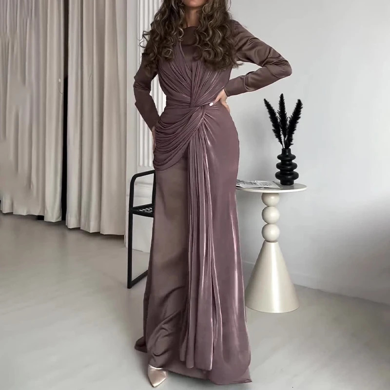 Elegant Long Sleeve High Waist Evening Dress Casual Solid Color Slim Robe Spring Autumn Womens O Neck Twisted Party 250811