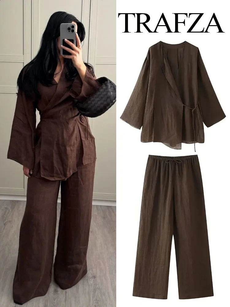TRAFZA Womens Summer Fashion Linen Solid Color Shirt Set Belted Cardigan Kimono Top High Waist Womens Pleated Pants 2-piece 250806