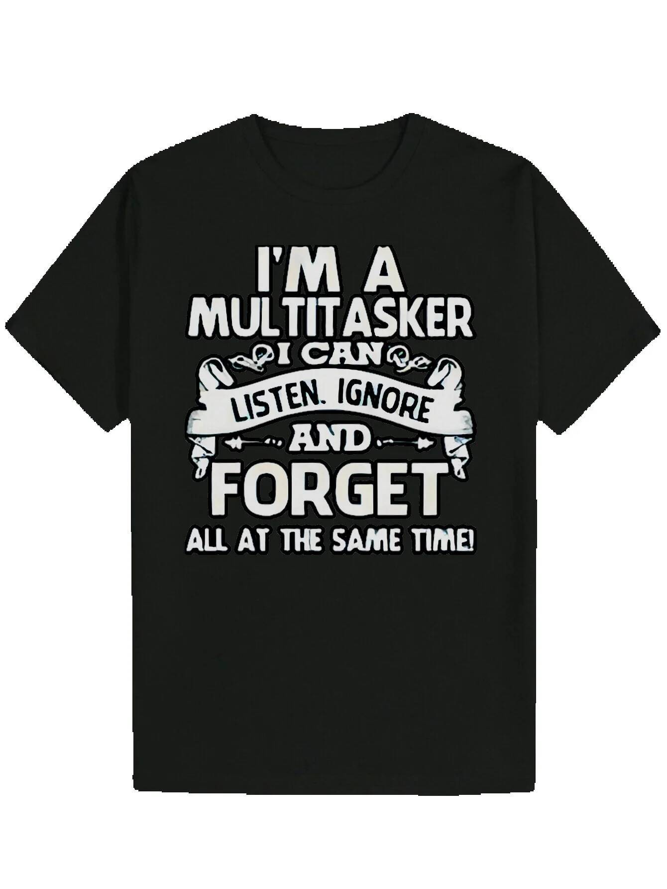 Men's Humorous Multi-Task Slogan Graphic T-Shirt - Black with White Letters, Lightweight Polyester Crew Neck Summer T-Shirt, Machine Washable Reg