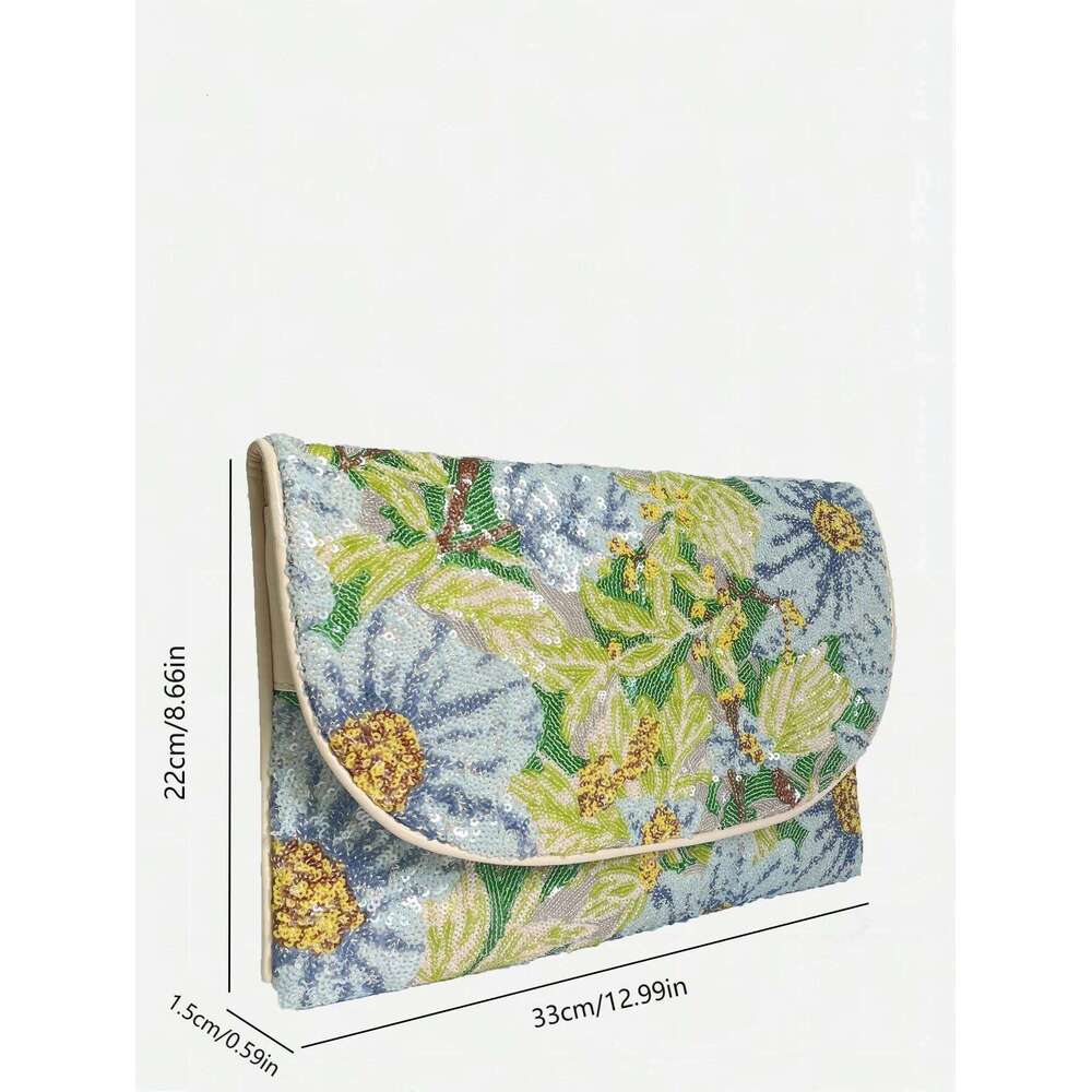 Women's elegant random shiny sequin flower pattern flip large capacity envelope bag, suitable for wedding banquets