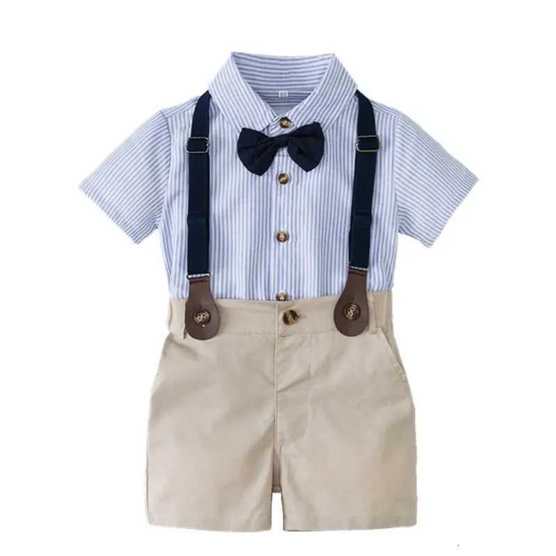 Fashion Summer Children Kids Boys Clothes Blue Strips Shirt Bib Shorts 2Pcs/Set Gentleman Baby Toddler Tracksuits 0-5 Years Z250811