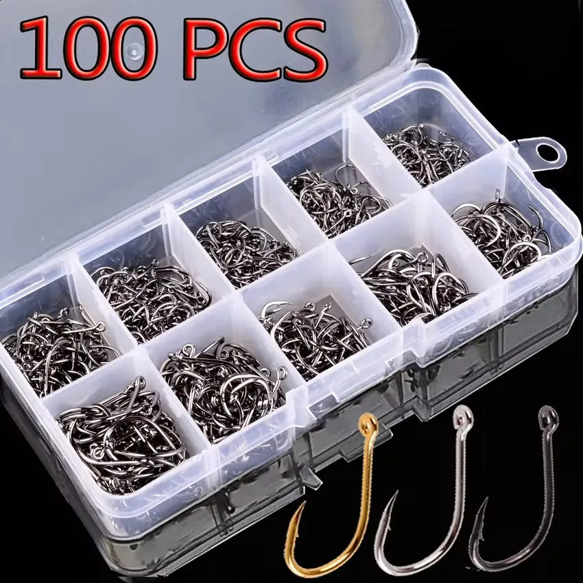 Aorace 100Pcs Fishing Hooks Set Carbon Steel Single Circle Hook Fly Jip Barbed Carp Sea Tackle Accessories 250807