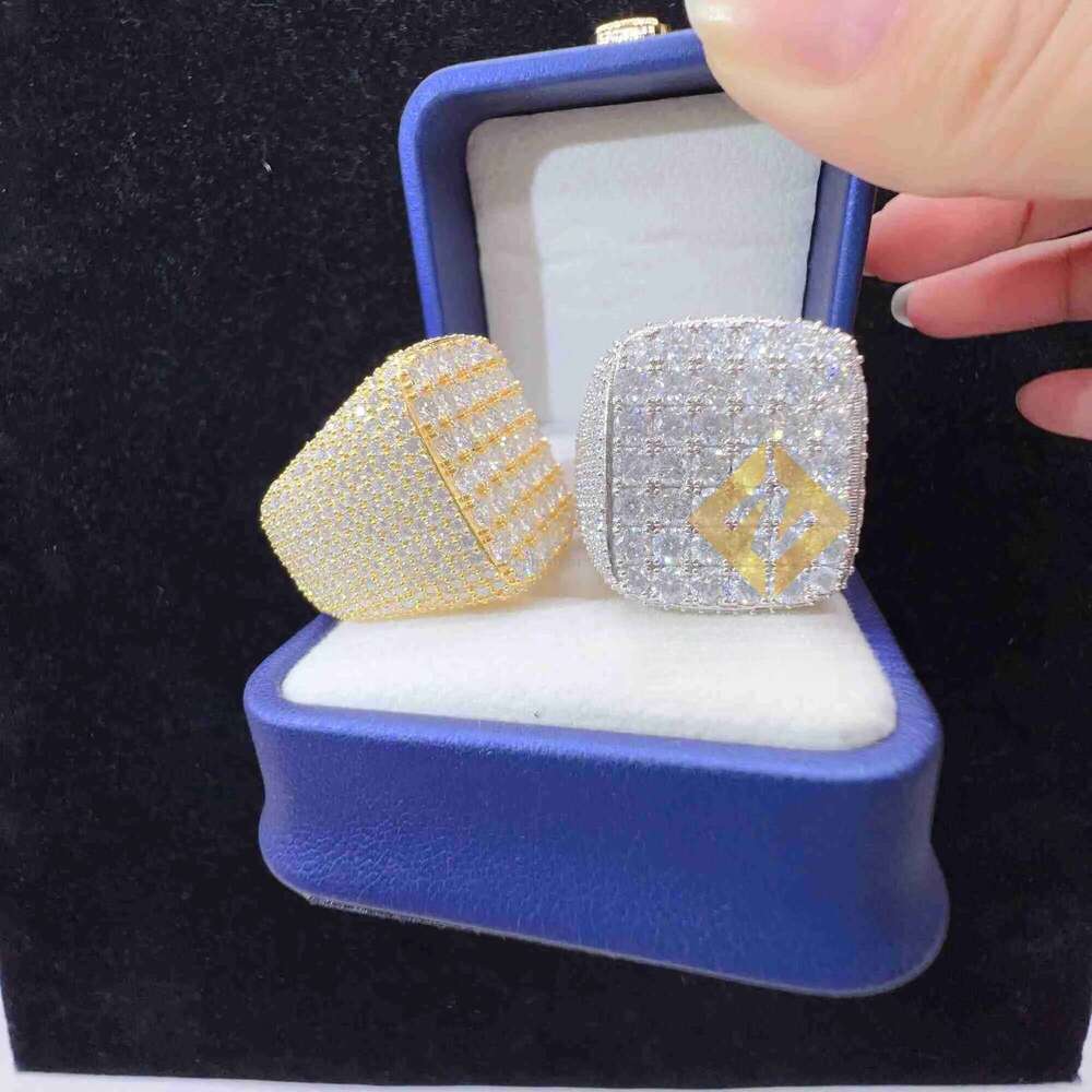 Fashion fine jewelry vvs moissanite iced out rings men gold plated sterling sier dia hip hop ring