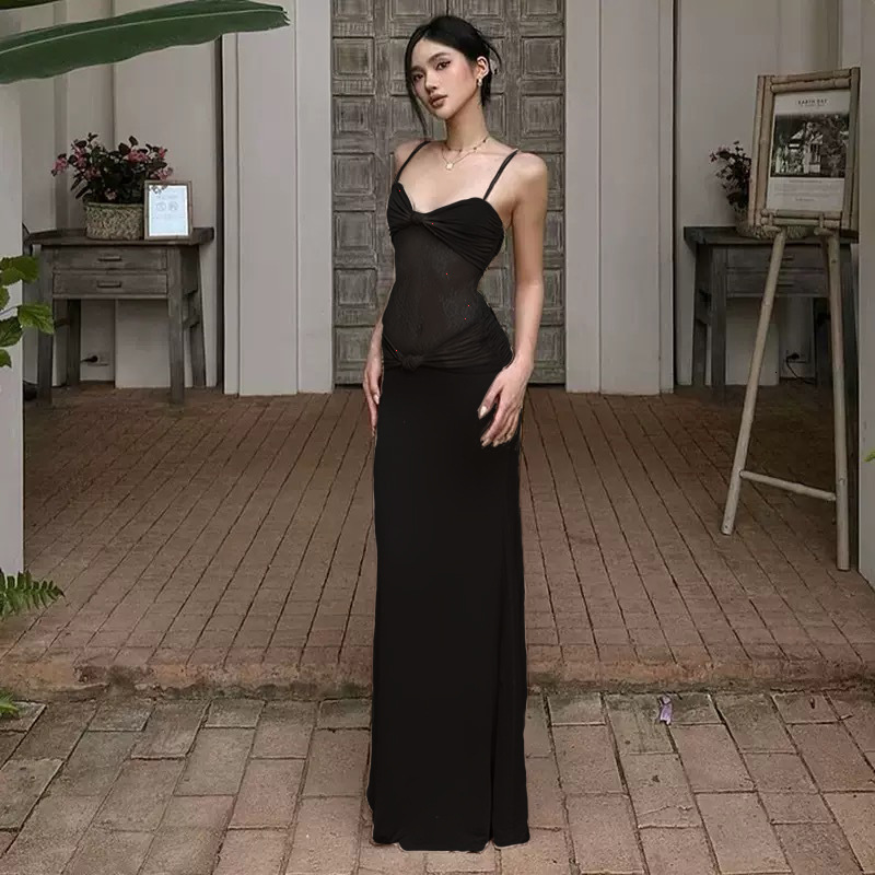 2025 summer new lace up dress, transparent slim fit long dress, twisted and sexy European trend and American style cross-border new designer