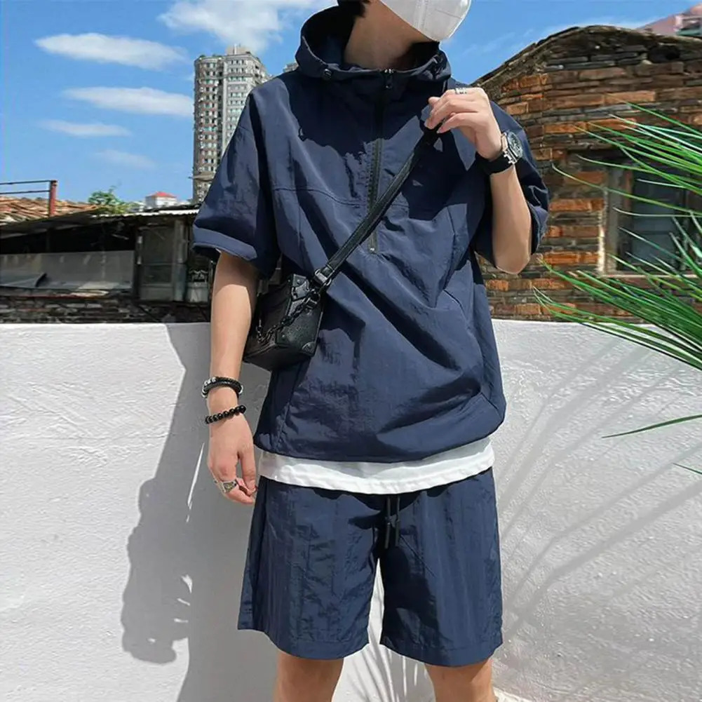 2PcsSet Men Casual Outfit Hooded Short Sleeve T-shirt Zipper Neckline Elastic Waist Wide Leg Shorts Set Loose Fit Outfit 250811