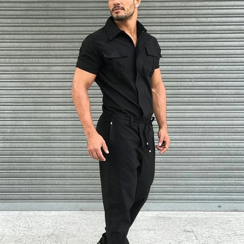 Mens Overalls Casual Streetwear Pocket Solid Color Short SleeveTrousers Jumpsuit Fashion Leisure Basic Work Cargos Pants 250729
