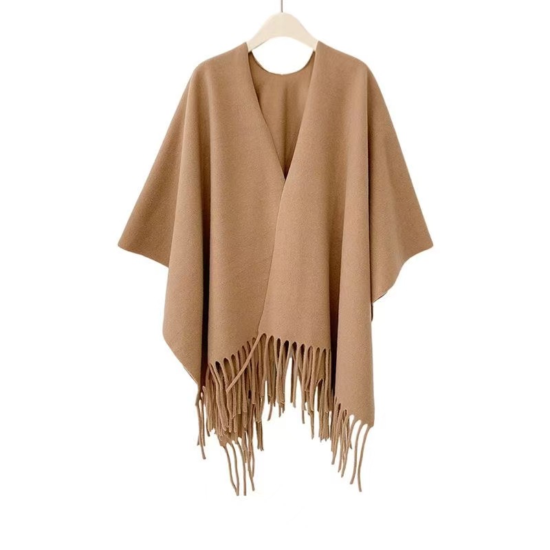K1630 Cross-border high-end women's solid color imitation cashmere shawl spring and autumn style tassel large cape outer wear cloak manufacturer 