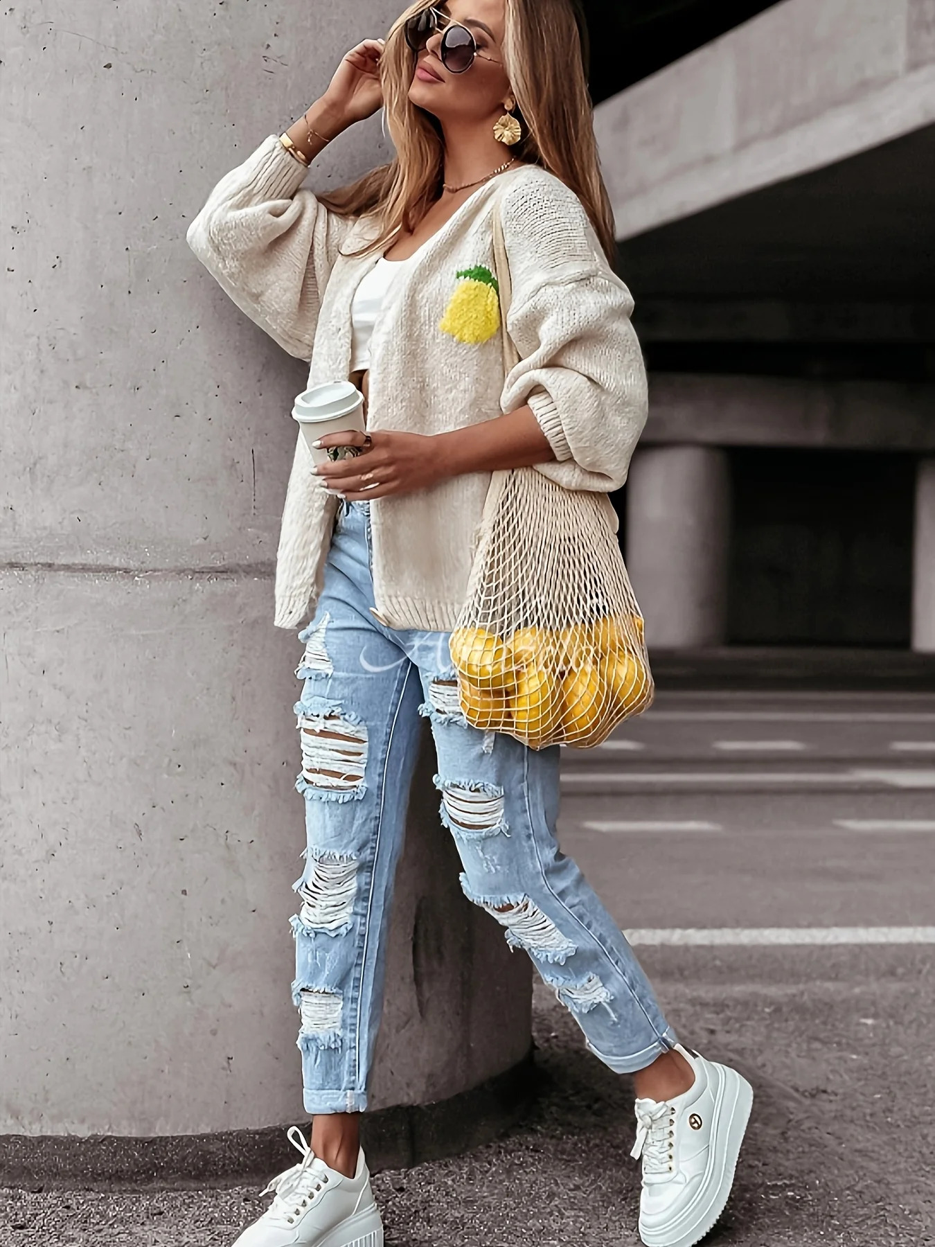 Autumn and winter fruit alphabet pattern knitted cardigan daily casual versatile elegant sweater 250811