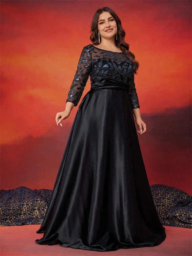 Plus Size Oneck Elegant Green Sequin Evening Dress y Long sleeve Women Satin Party Prom Cocktail Dresses 250811