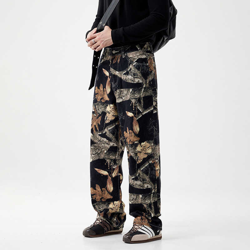 Popular loose straight wide-leg denim printed graffiti black tree branch fallen leaves trendy street style denim pants for men Z250605