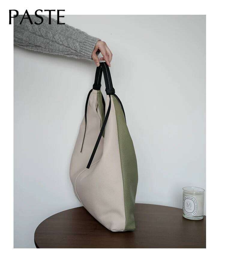 New Simple Huge Capacity Green Travel Tote Hit-color Genuine Cow Leather Women Handbag Leisure Female Armpit Shoulder Bag