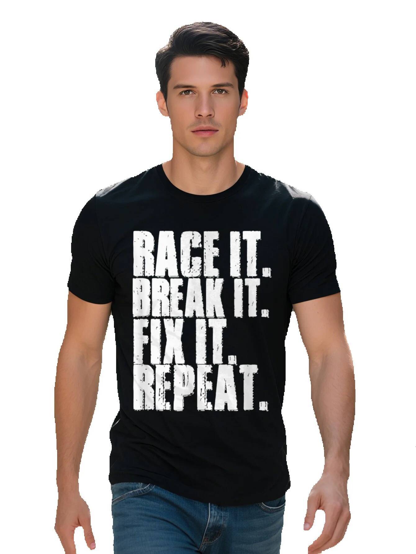 Men s Race Break Fix It Repeat Cotton Tee g Black with Distressed Print Casual Crew Neck Short Sleeve T Shirt edaa2 7d099