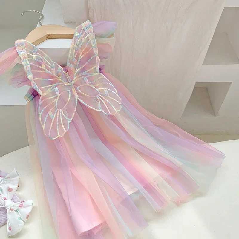Baby Girls Gradient Rainbow Tulle Sling Dress Back Butterfly Mesh Vintage Dress Children Wedding Birthday Party Princess Dress W250811