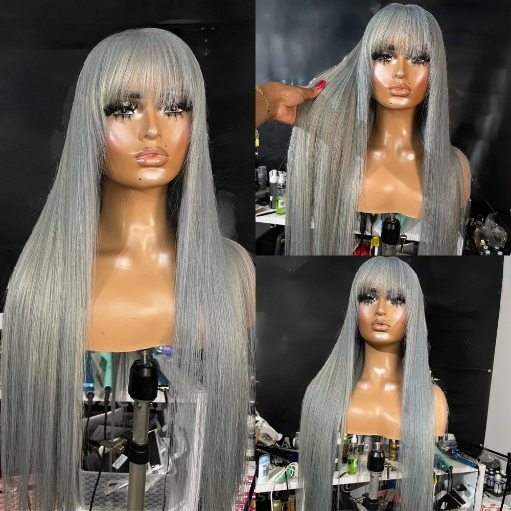 Grey Bone Straight Human Hair Wigs With Bangs For Women 13x4 HD Transparent Lace Frontal Wig Wear And Go Brazilian Synthetic Gray Wigs