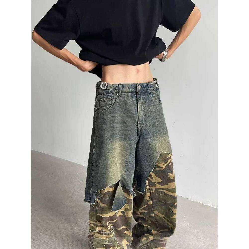 2025 Ropa Y2K Grunge Camouflage Patchwork Baggy Stacked Jeans Pants For Men Clothing New Rock Wide Leg Straight Denim Trousers