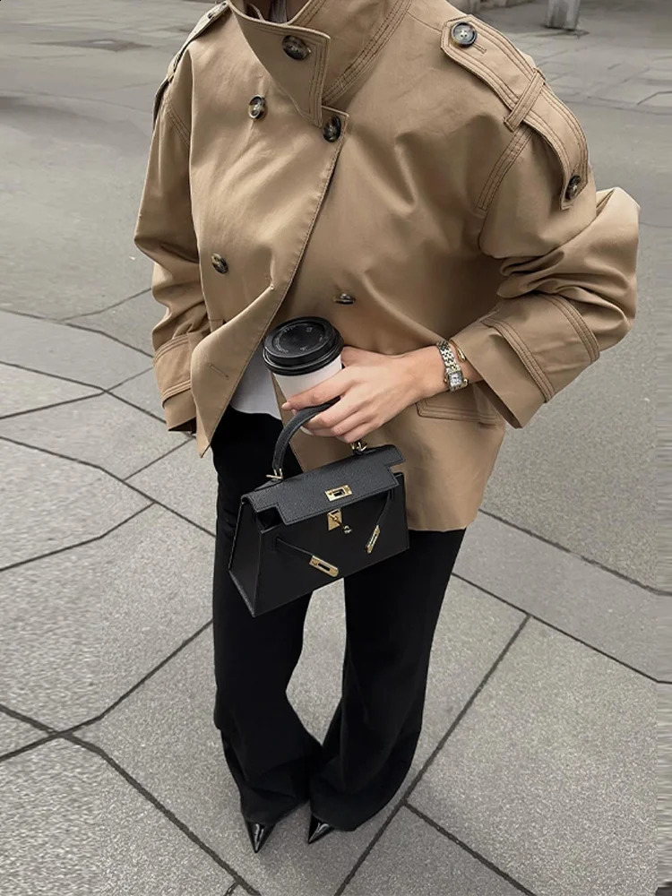 Elegant Stand Collar Short Trench Women Vintage Khaki Double Breasted Pockets Jackets Coat Lady 2025 Chic Street Office Outwear 250811