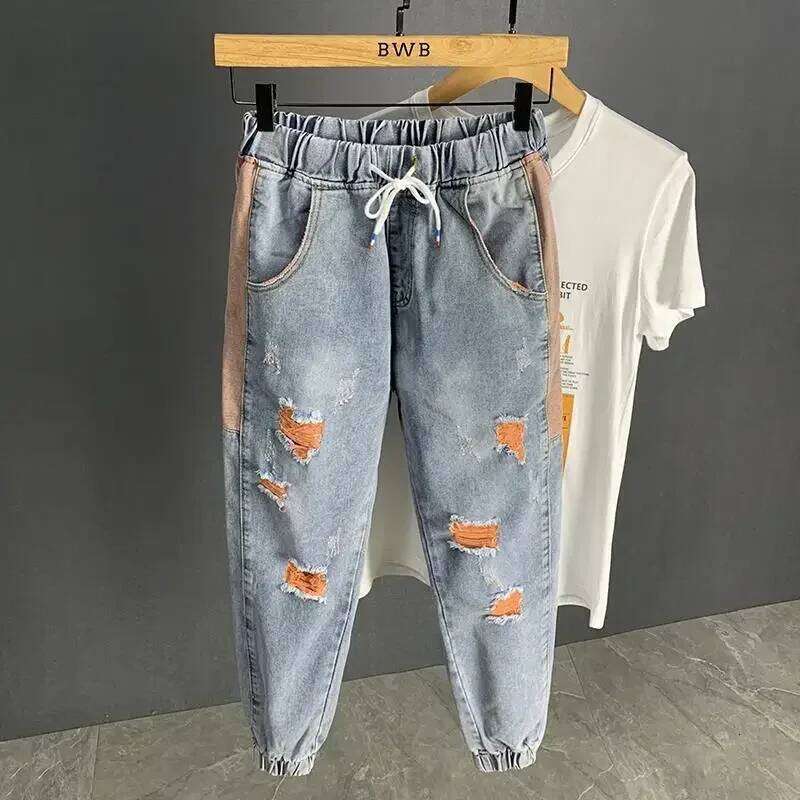 Men's Jeans Broken Cropped Trousers with Holes Man Cowboy Pants Ripped Harem Torn Spring Autumn Summer Stacked Plus Size Washed