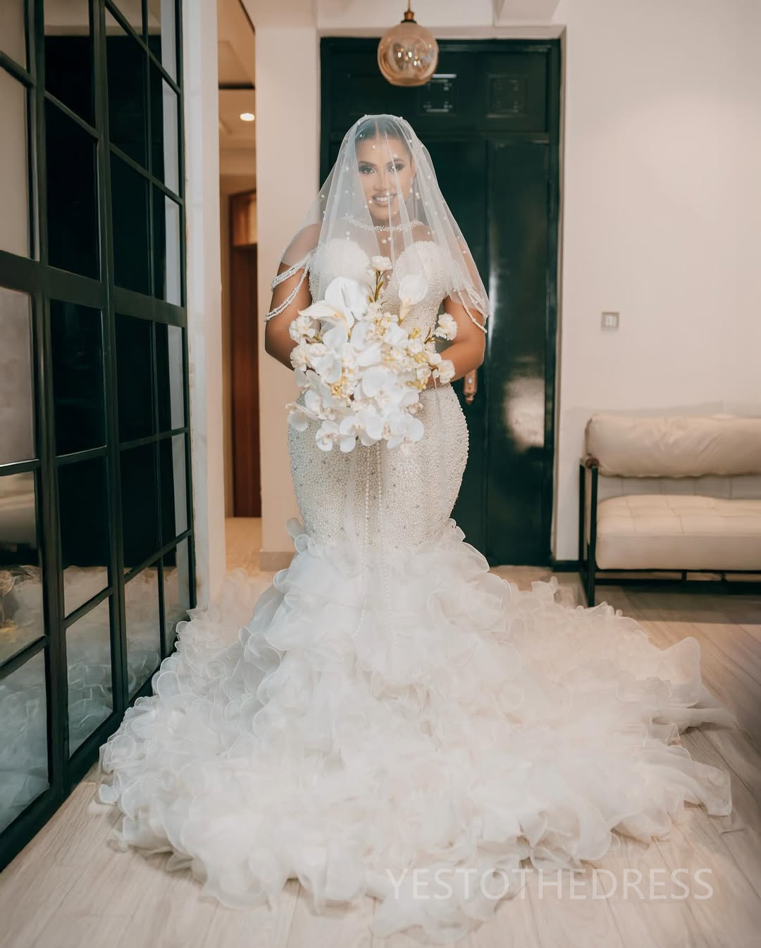 2025 Elegant African Wedding Dress Bridal Gowns For Bride Mermaid Sheer Neck Illusion Long Sleeves Beaded Lace Pearls Tiered Pleat Wedding Gowns For B