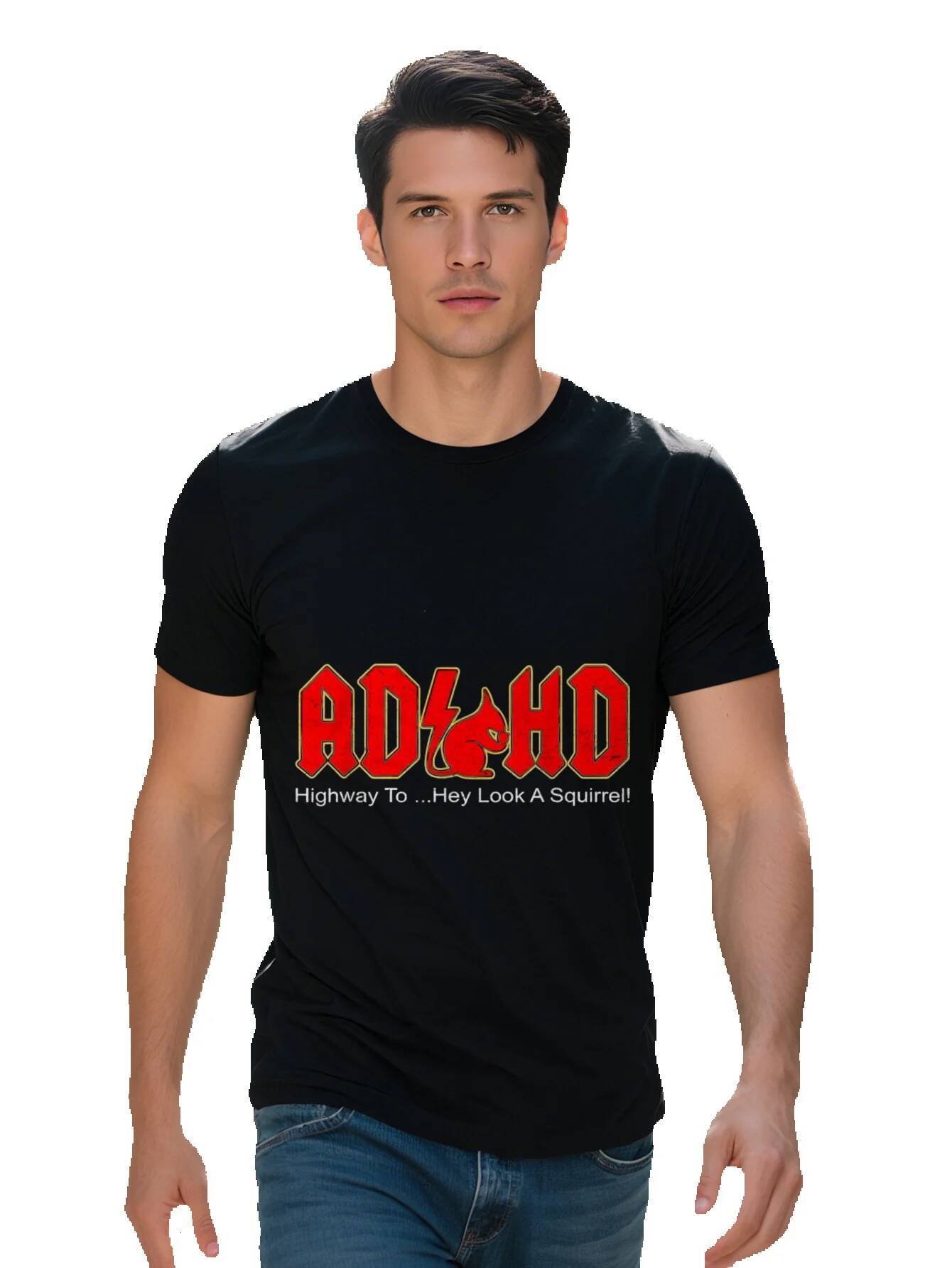 Men s ADHD Graphic T Shirt Cotton Black Tee with Highway to Hey Look a Design Short Sleeve Lightweight e7643