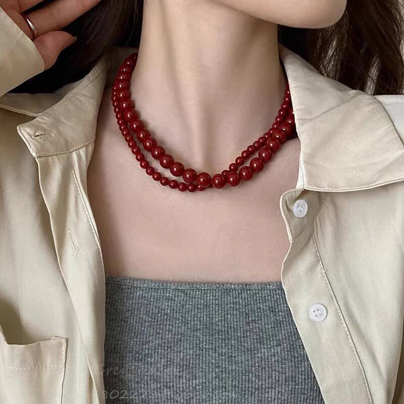 Vintage Red Beaded Necklaces for Women Chinese Style Glass Beads Necklace Exquisite Elegant Choker Aesthetic Jewelry Accessories Jewelry for Women