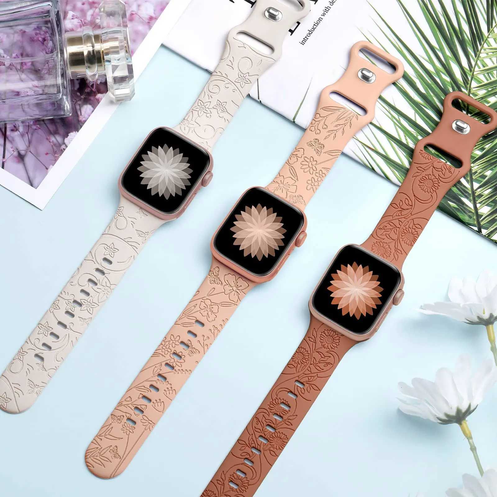 Straps For Apple Watch Band 44mm 42mm 41mm 40mm 45mm 49mm 46mm Floral Engraved Bracelet Correa Iwatch Series 10 9 7 SE 6 8 Ultra W250811