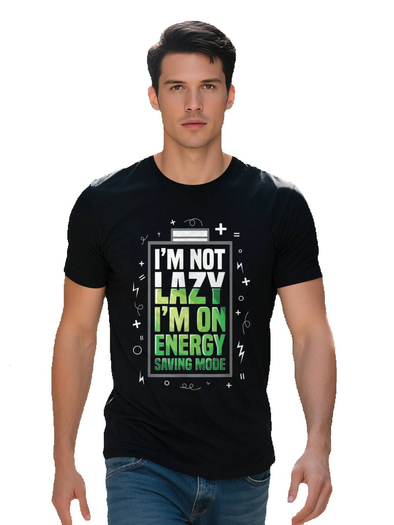 Not Lazy Im In Energy Saving Mode T Shirt Black Graphic Tee With Green Text Cartoon Icons Regular Short Sleeve