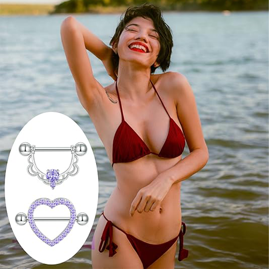 9 Pairs Nipple Rings Stainless Steel Heart Butterfly Moon Flower CZ Barbell Tongue Rings Set Cute Nipplerings Piercing Jewelry for Women Purple Tone