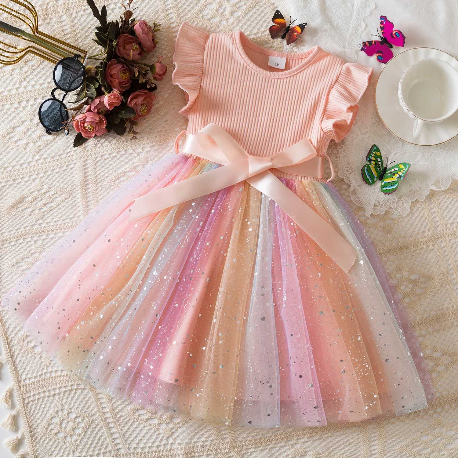 1-5 Years Old Baby Girls Sequins Dress for Birthday Toddler Girls Rainbow Tulle Dress Sweet Kids Princess Dress for Girls Summer Wear W250811