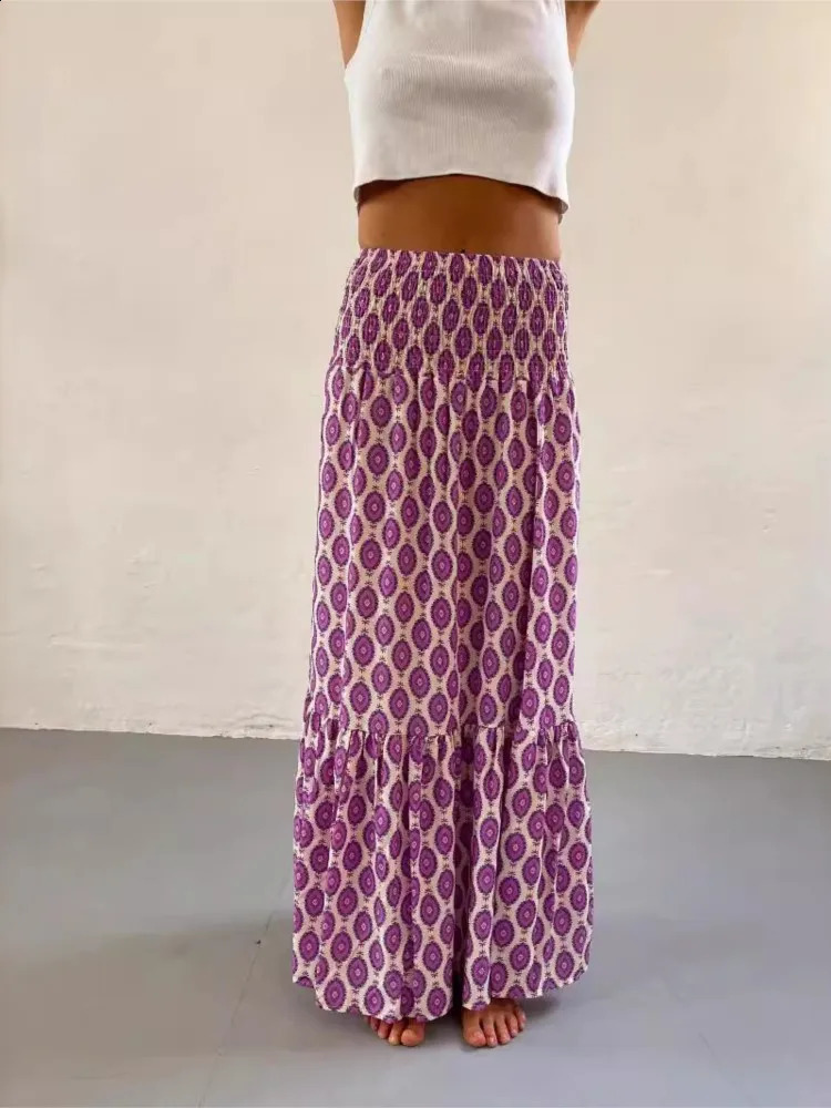 Womens Casual Boho Skirts Spring Summer Fashion Vintage Loose Elastic Waist Floral Print Ethenic Style Beach Maxi Skirt 250809