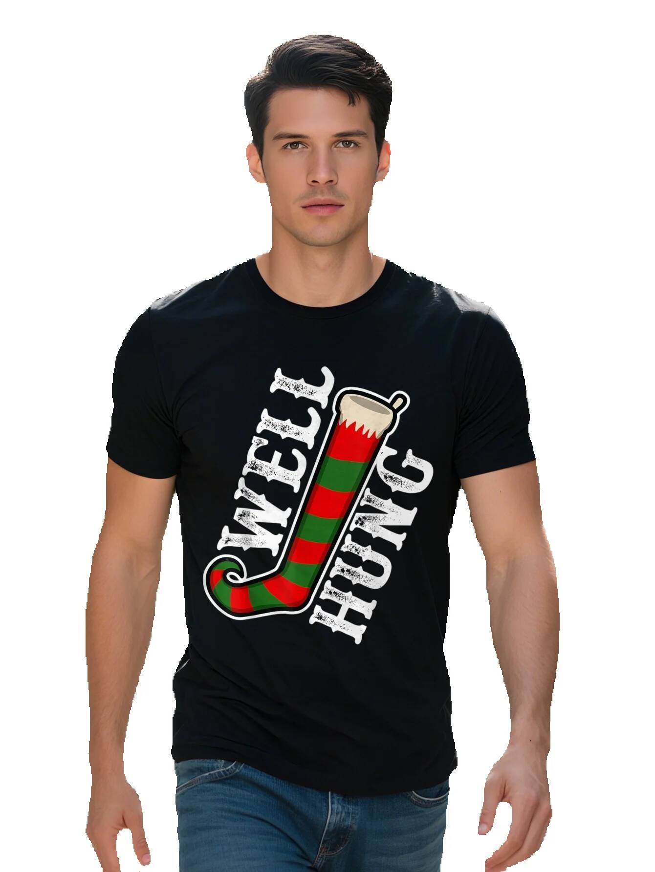 Well Hung Men s Festive Christmas T Shirt Cotton Short Sleeve Crew Neck with Elf Stocking Graphic Casual b3f9c