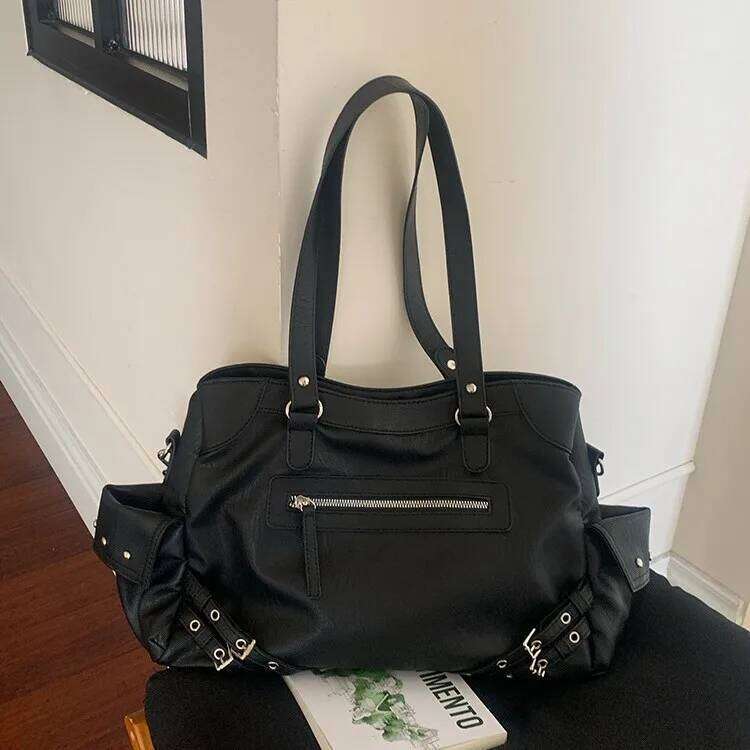 Deinet Korean Niche Large Capacity Drawstring Motorcycle Tote for Women Rivet Handbag Single Shoulder Crossbody Bag