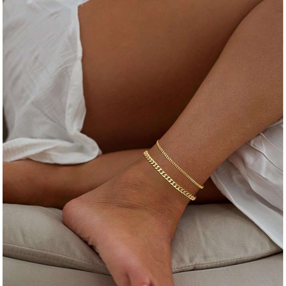 Gold Women, 14k Sier/Gold Anklets Waterproof Layered Figaro Link Cuban Anklet Set Sier Ankle Bracelets for Women Summer Beach Jewelry Gifts