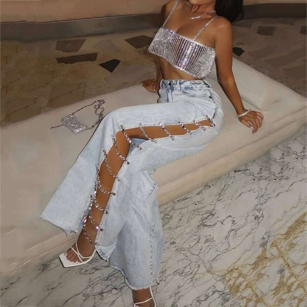 Denim Long with Drill Chains Straight Wide-leg High Waist Ripped Jeans for Women Summer Thin Side Slit Pants