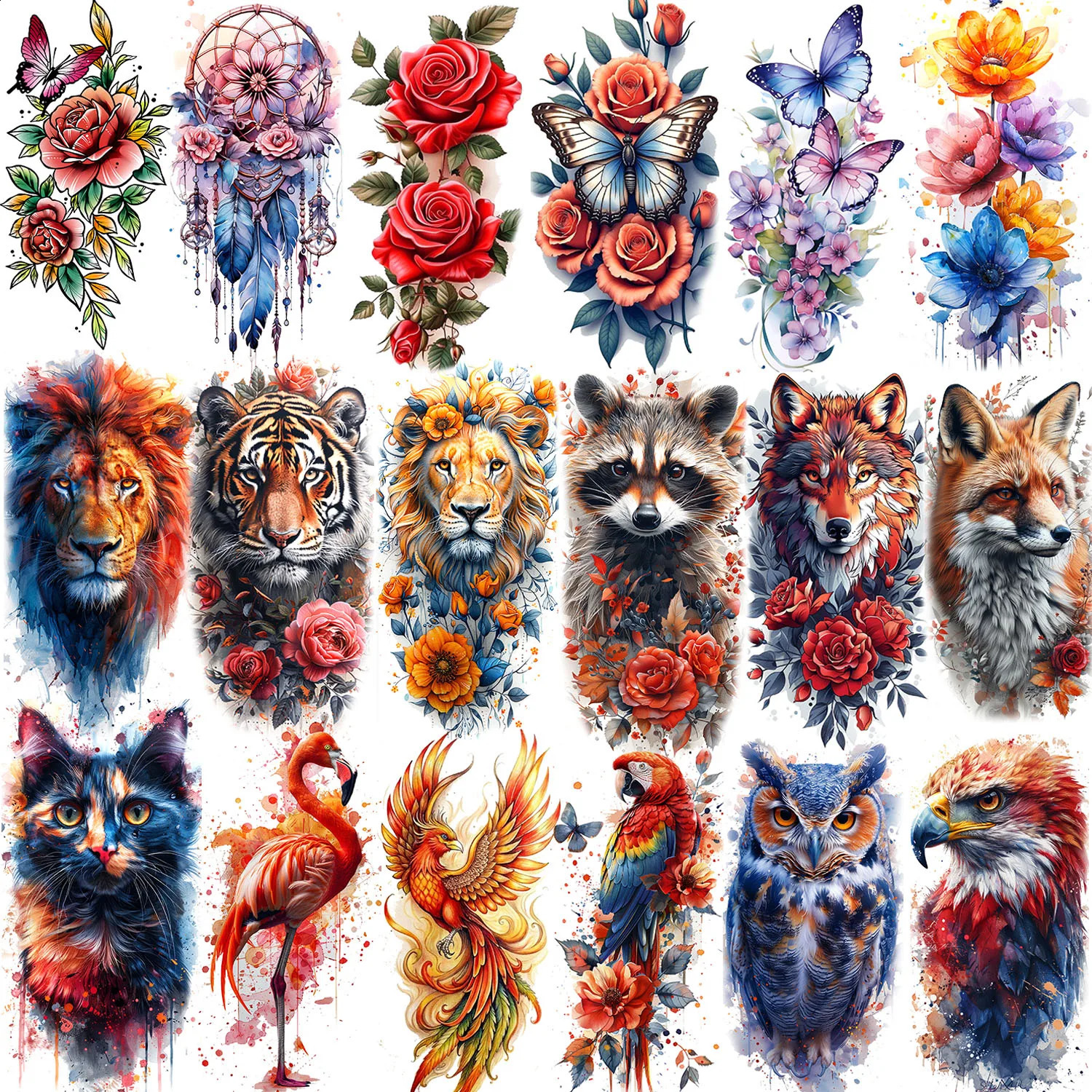 1 Sheet Gorgeous Watercolor Flowers Animals Temporary Tattoos For Women Body Art Tatoos Waterproof Realistic Tattoo Sticker 250809
