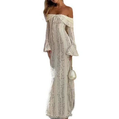 2025 Spring/Summer New Lace Lace Bell fashion Sleeve Dress, Single Shoulder Waist, Women's Long Dress, New Designer