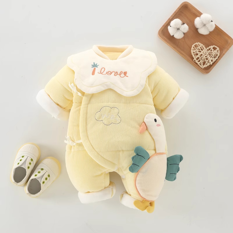 Baby Winter Fleece Thick Cotton Detachable Bib Onesie with Ties