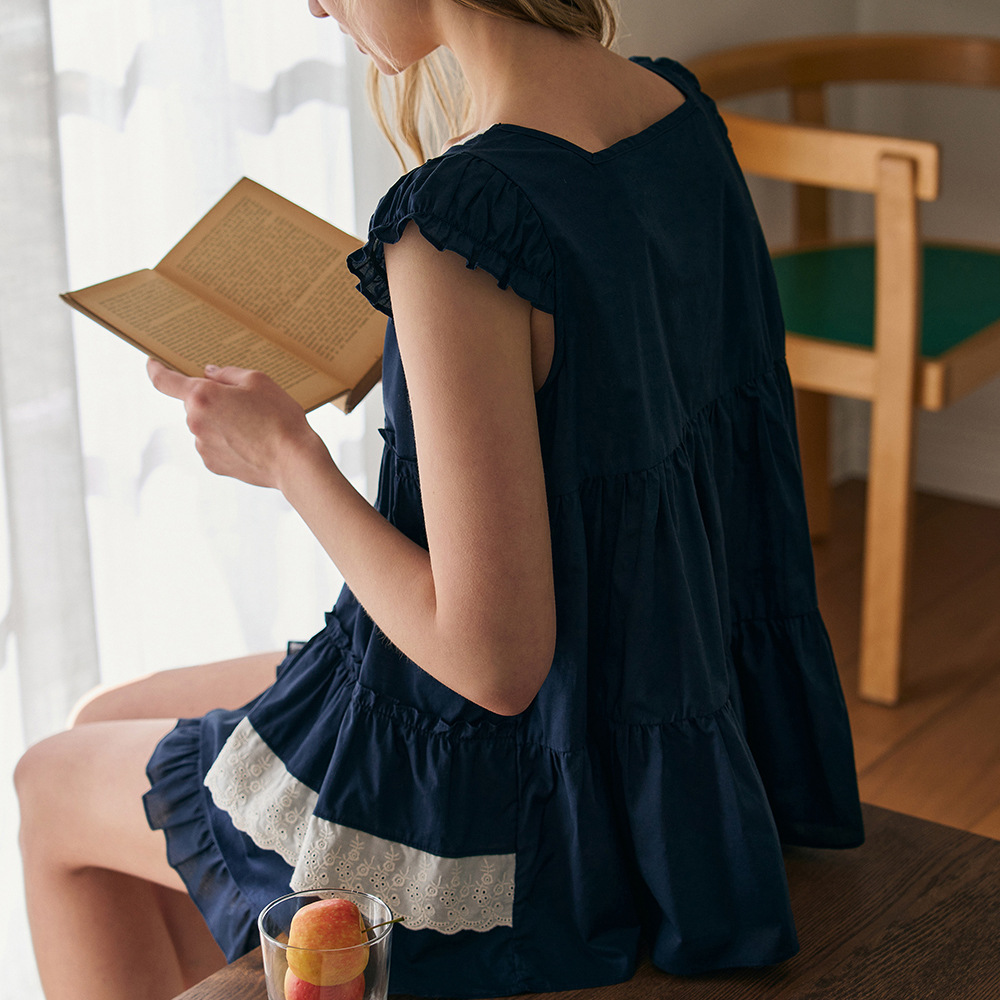 B1013-Women's summer pure cotton pajamas sweet and cute lace square collar sleeveless shorts home wear suit