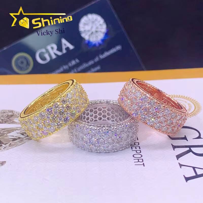 Fine Jewelry S925 Silver Hip Hop Three Rows Moissanite Ring Custom Iced Out Diamond Ring Band for Men Women