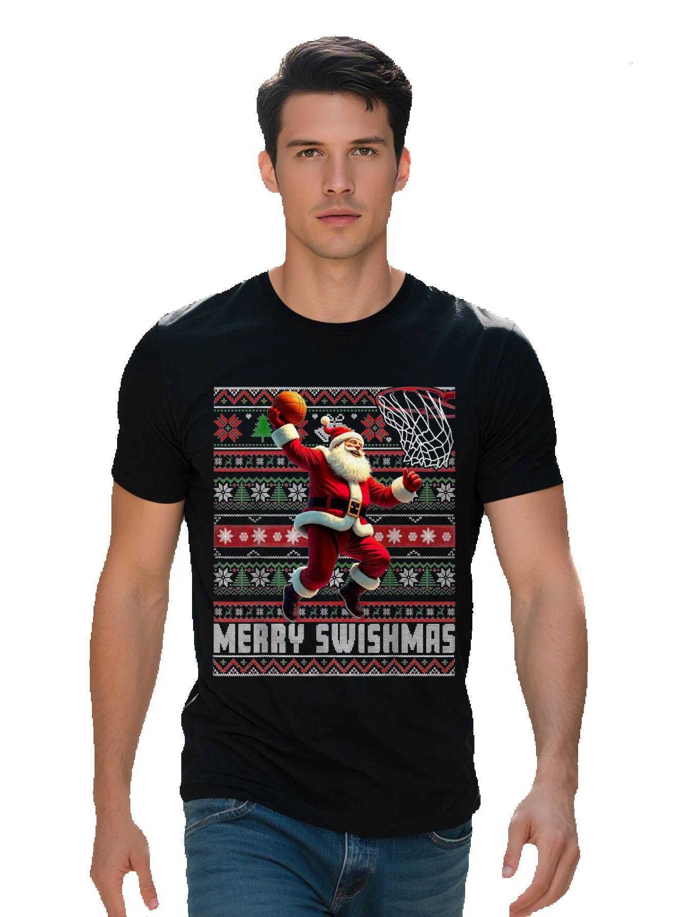 Men s Merry Smas Santa Playing Basketball T Shirt Cotton Short Sleeve Crew Neck in Festive Ugly Christmas ef825 2a1f7