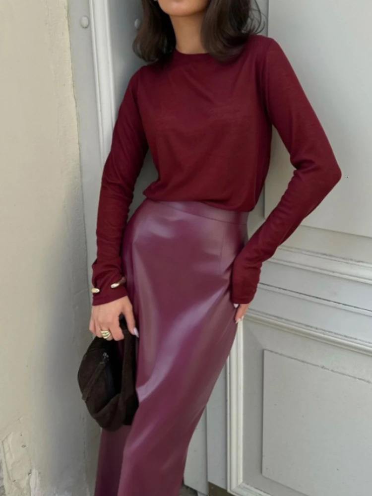Trendix Women Elegant Burgundy Skirt High Waist Slim Fashion Slit Long Skirts Female Party Slim Club Sexy Vintage PU Skirts 250811