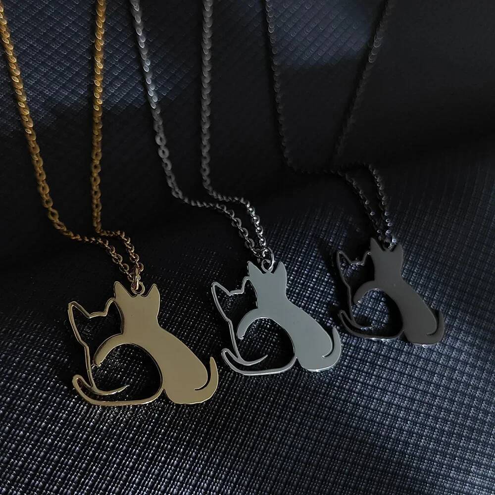 Double Cat Pattern Pendant Necklaces for Women Cute Couple Gold Choker Fine Animal Stainless Steel Jewelry Valentine's Day Gifts