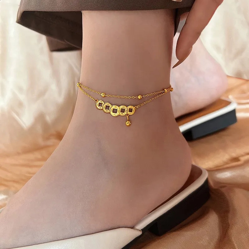 Stainless steel Coin Bell Pendant Gold colour Anklet For Woman Fashion Ankle Jewelry Girls Sexy Swimsuit Party Anklet 250807