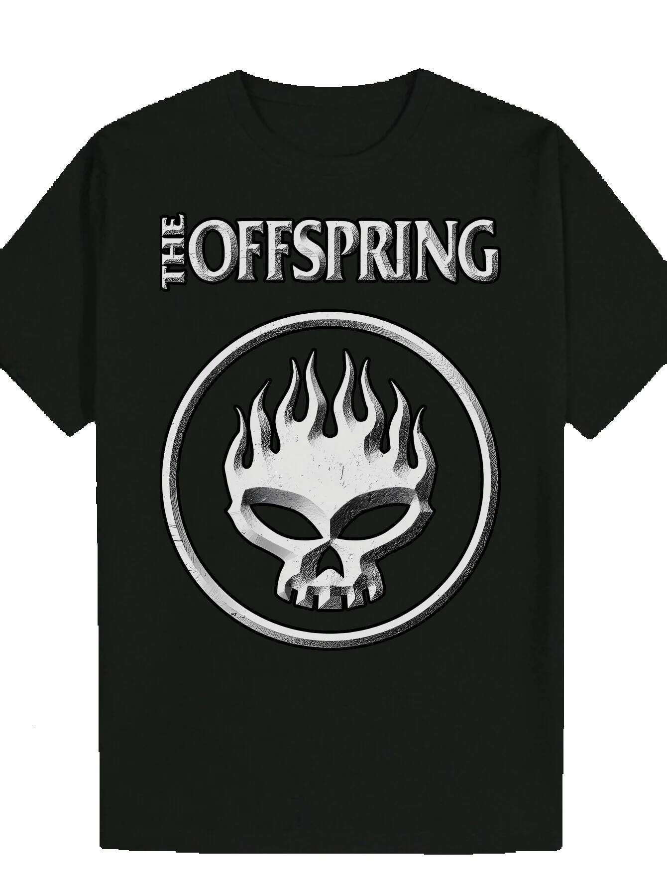 Men's Summer Crew Neck Polyester with Skull and Flame Pattern, 'The Offspring' Logo, Casual Black T-Shirt, Band T-Shirt 794be